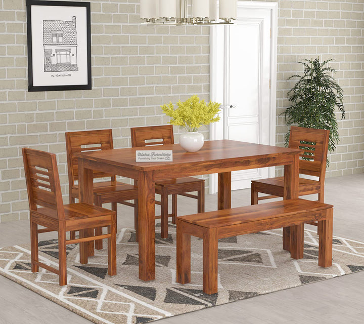 Solid Sheesham Wood 6 Seater Dining Table Set with Bench & Chairs