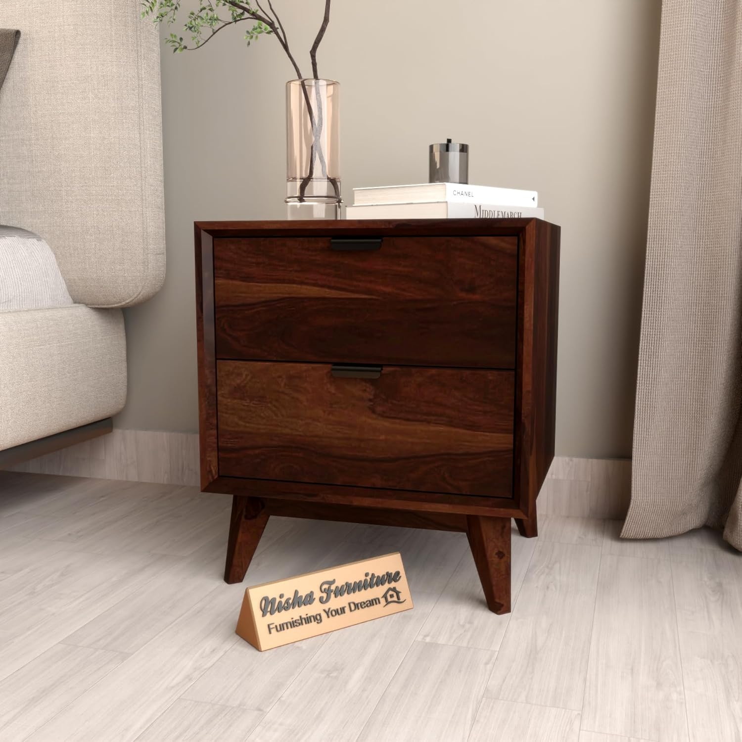 Solid Sheesham Wood Bedside Table | Walnut Finish Wooden Nightstand with 2 Drawers
