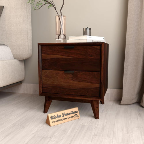 Solid Sheesham Wood Bedside Table | Walnut Finish Wooden Nightstand with 2 Drawers