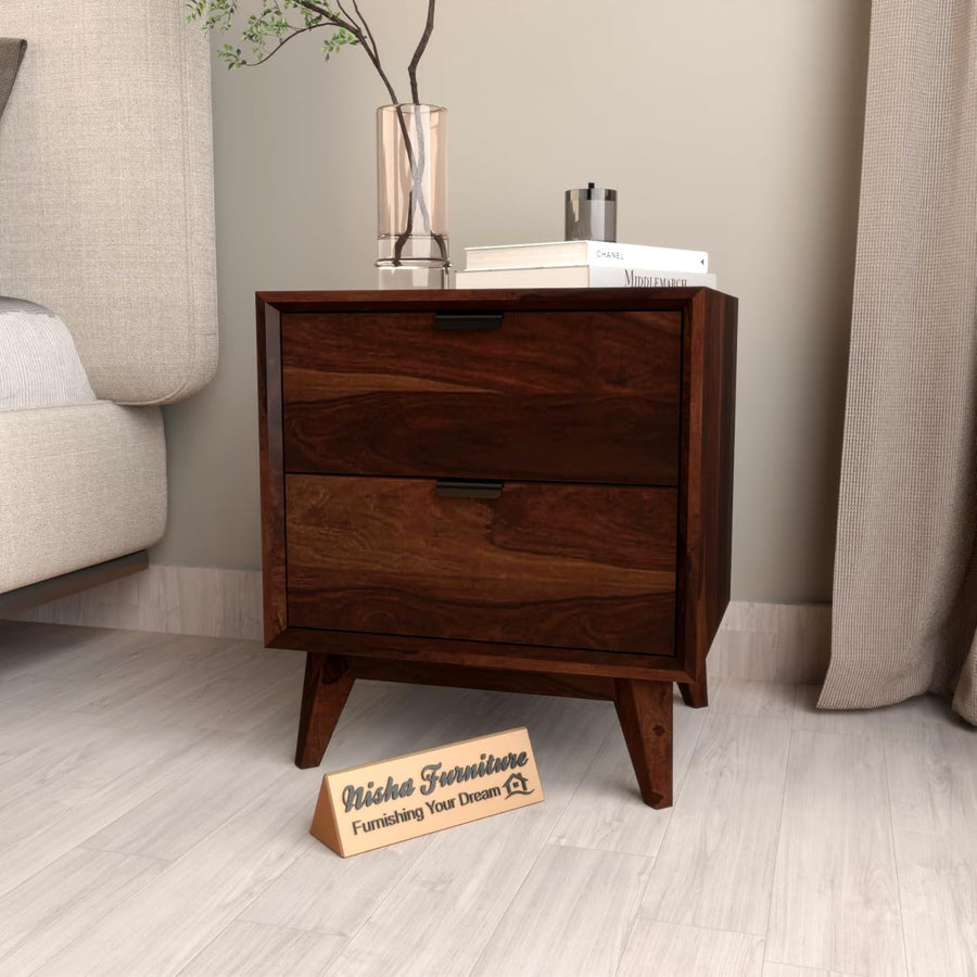 Solid Sheesham Wood Bedside Table | Walnut Finish Wooden Nightstand with 2 Drawers