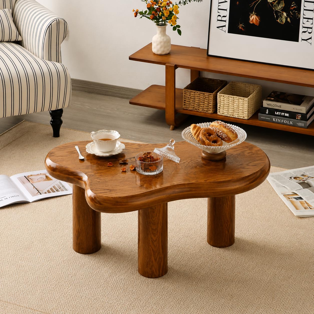Solid Sheesham Wood Organic Shape Coffee Table – Modern Wooden Centre Table with Cylindrical Legs
