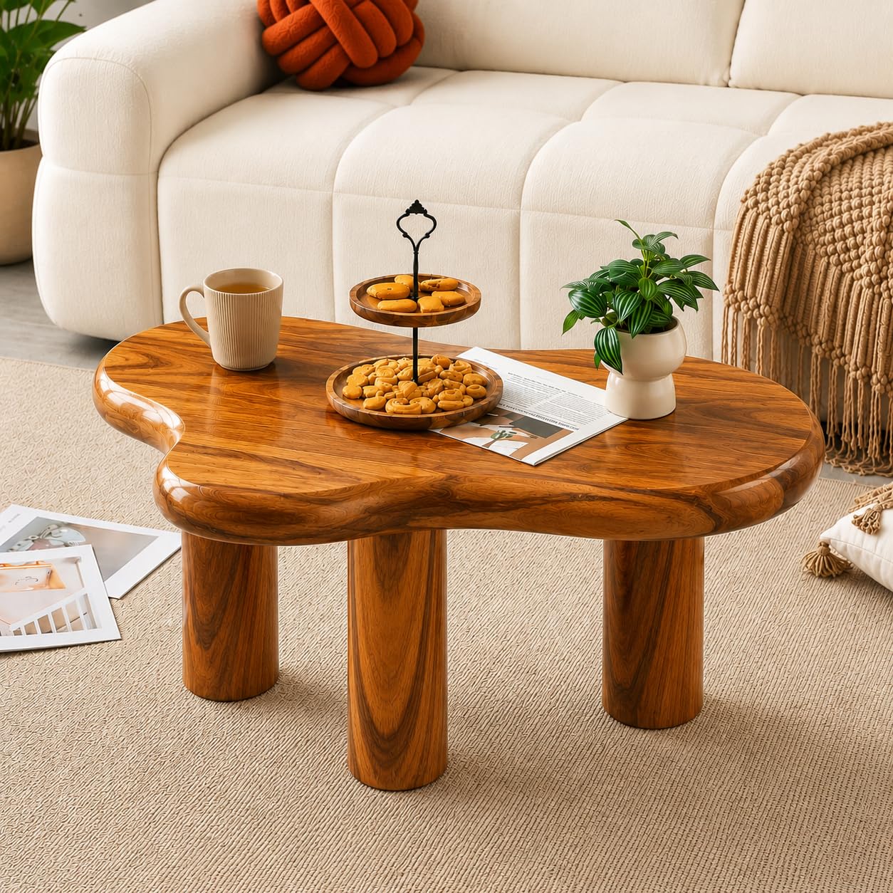 Solid Sheesham Wood Organic Shape Coffee Table – Modern Wooden Centre Table with Cylindrical Legs