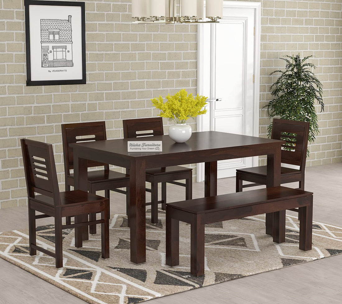 Solid Sheesham Wood 6 Seater Dining Table Set with Bench