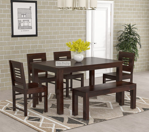 Solid Sheesham Wood 6 Seater Dining Table Set with Bench