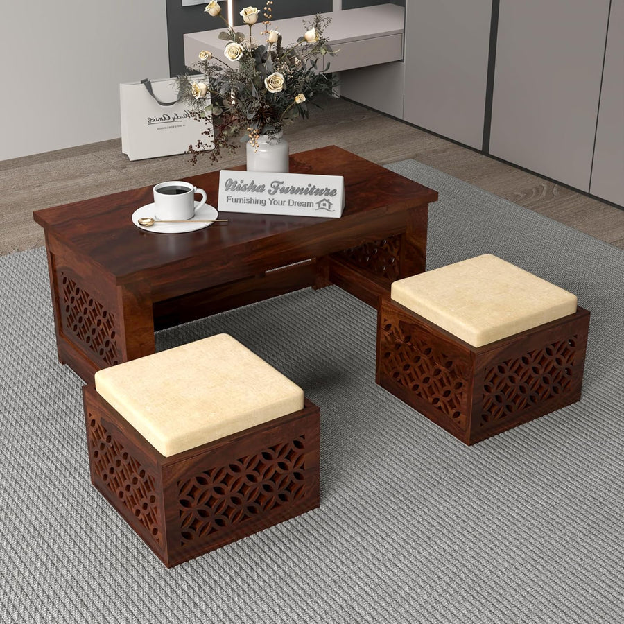 Coffee Table with 2 Designer Cushioned Stools with Carved Jali Design | Walnut Finish