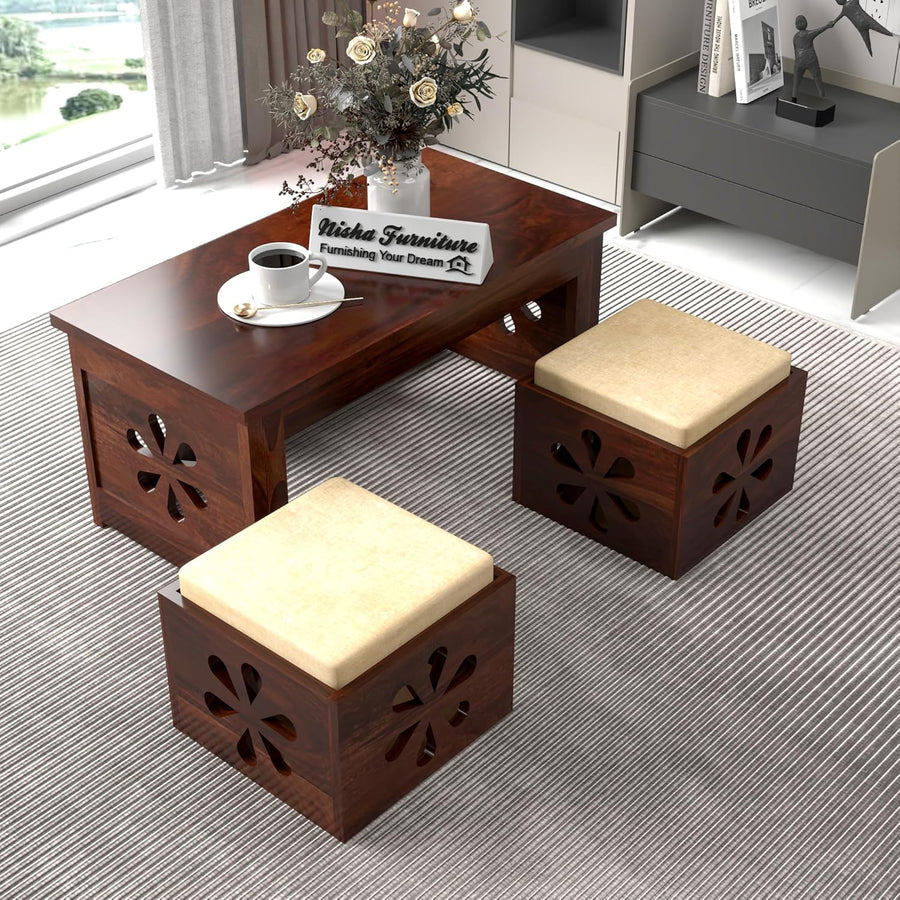 Sheesham Wood Coffee Table with 2 Cushioned Stools in Carved Floral Design | Walnut Finish