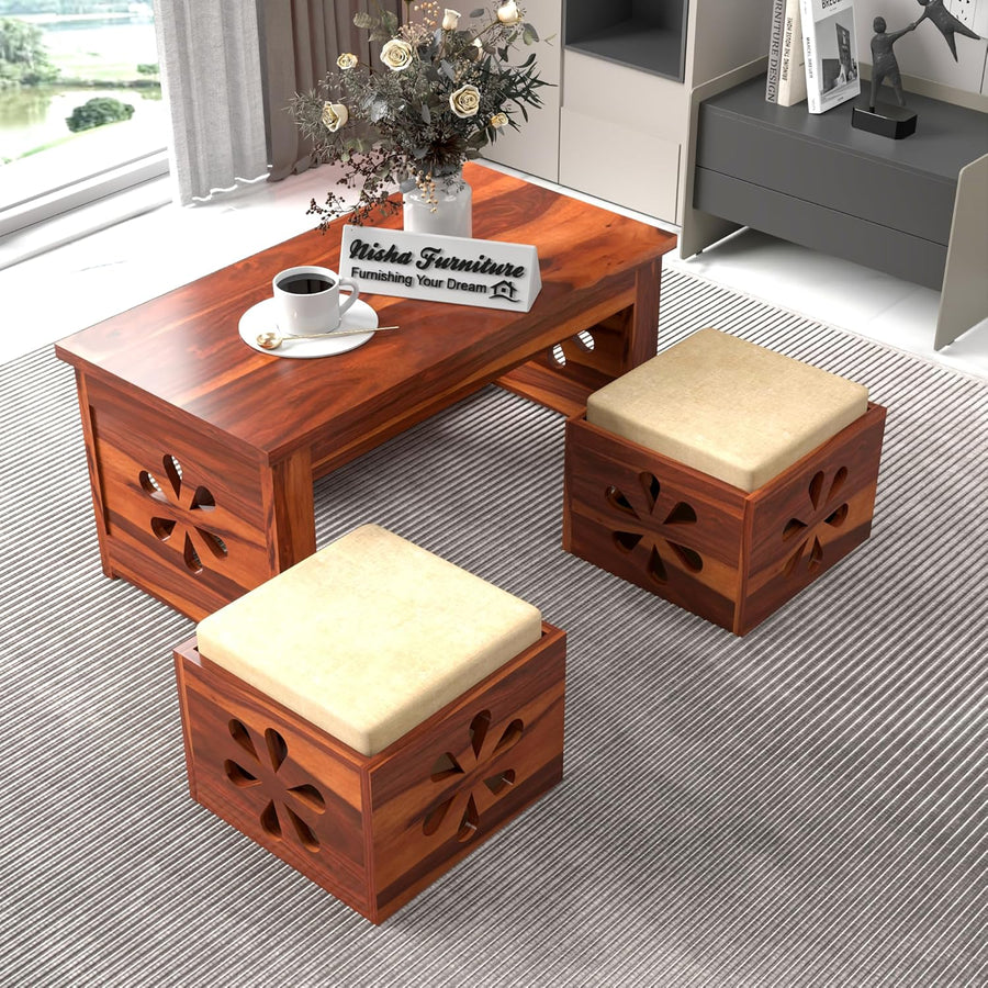Coffee Table with 2 Cushioned Stools in Natural Finish | carved floral design