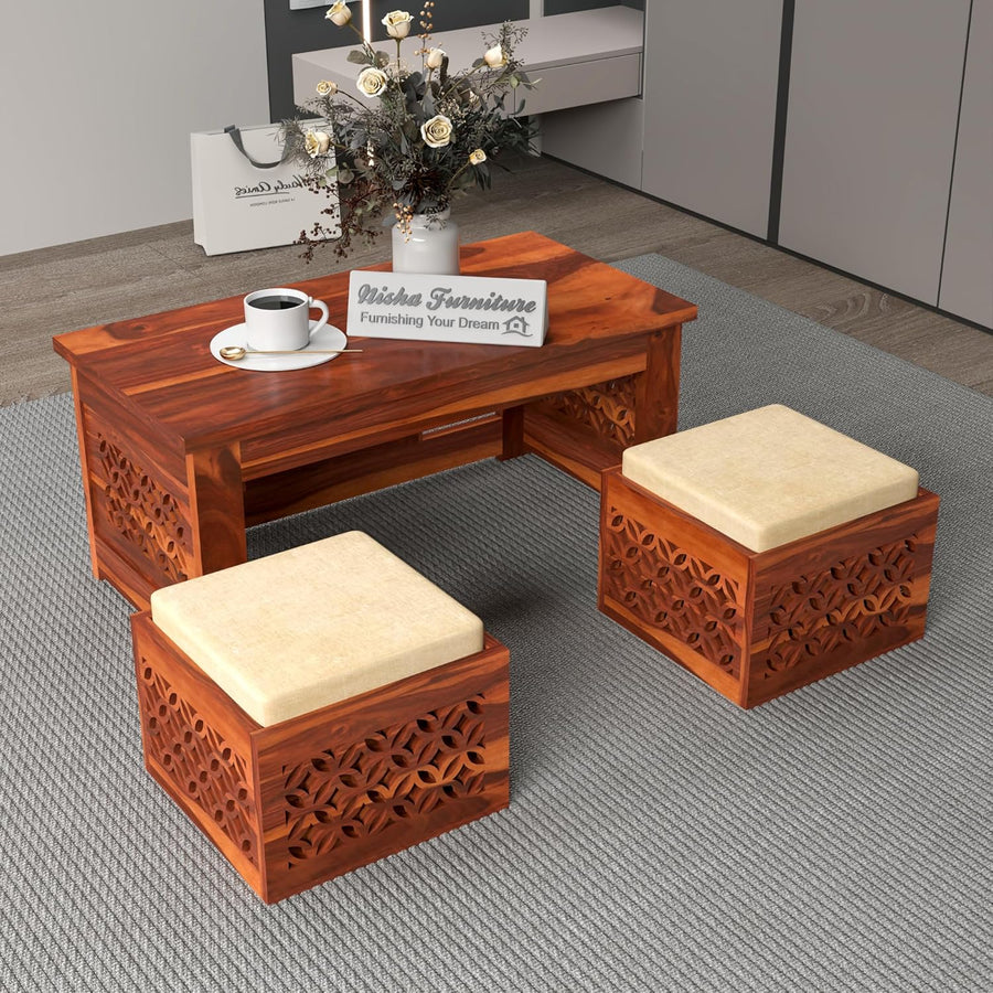 Coffee Table with 2 Designer Cushioned Stools with Jali Carved Design | Honey Finish