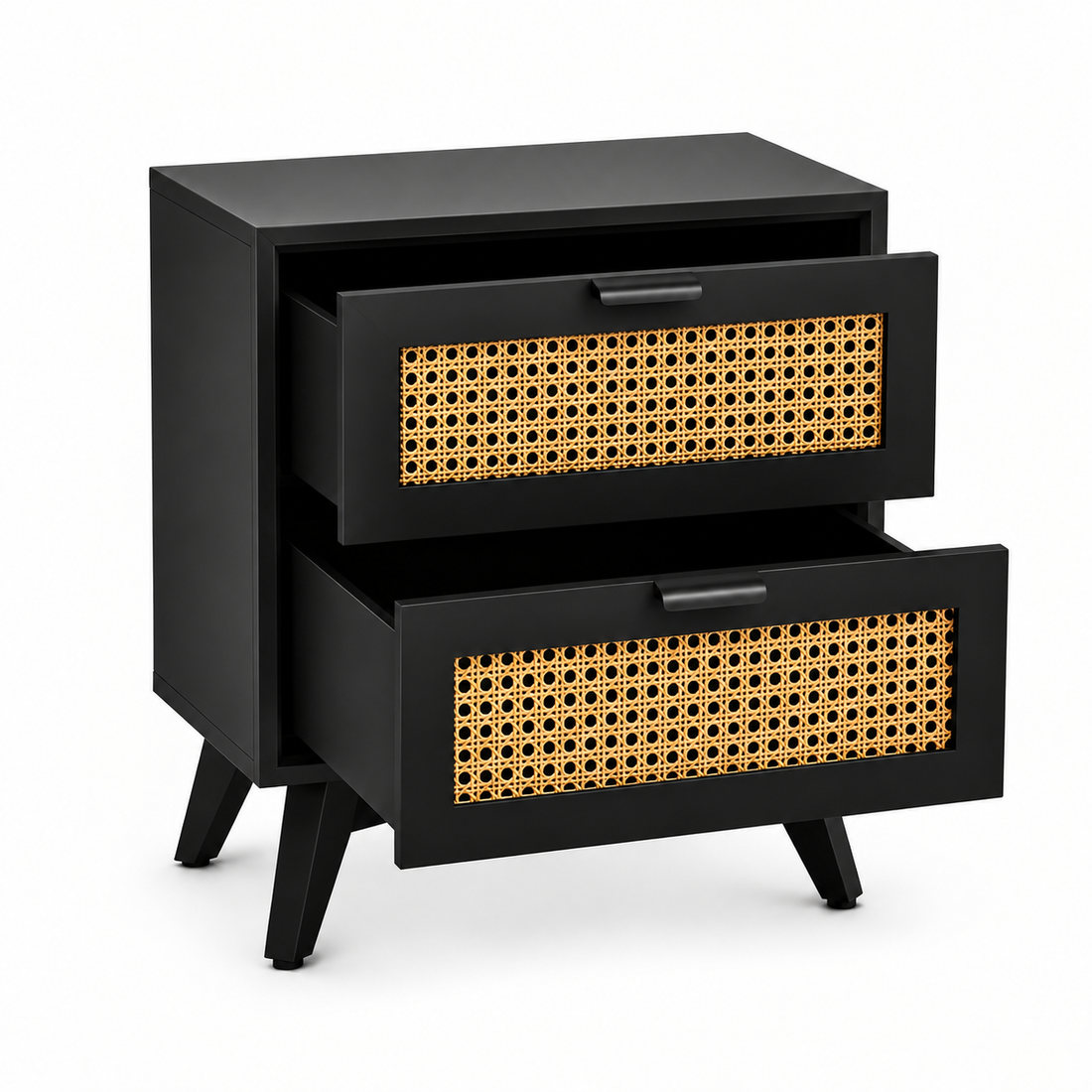 2 Drawer Cane Bedside Table | Black Finish