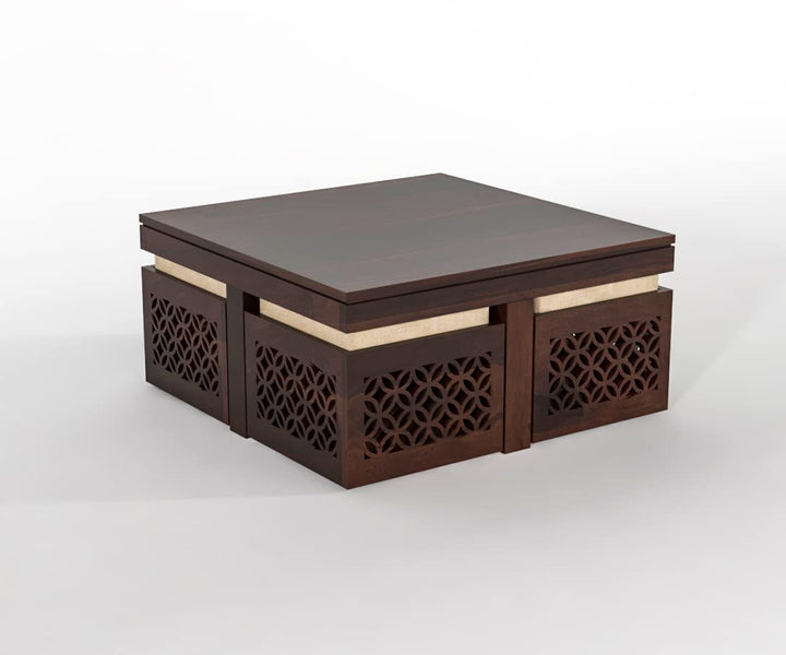 Sheesham Wood Coffee Table with 4 Stools ( Carved-Walnut Teak Finish)