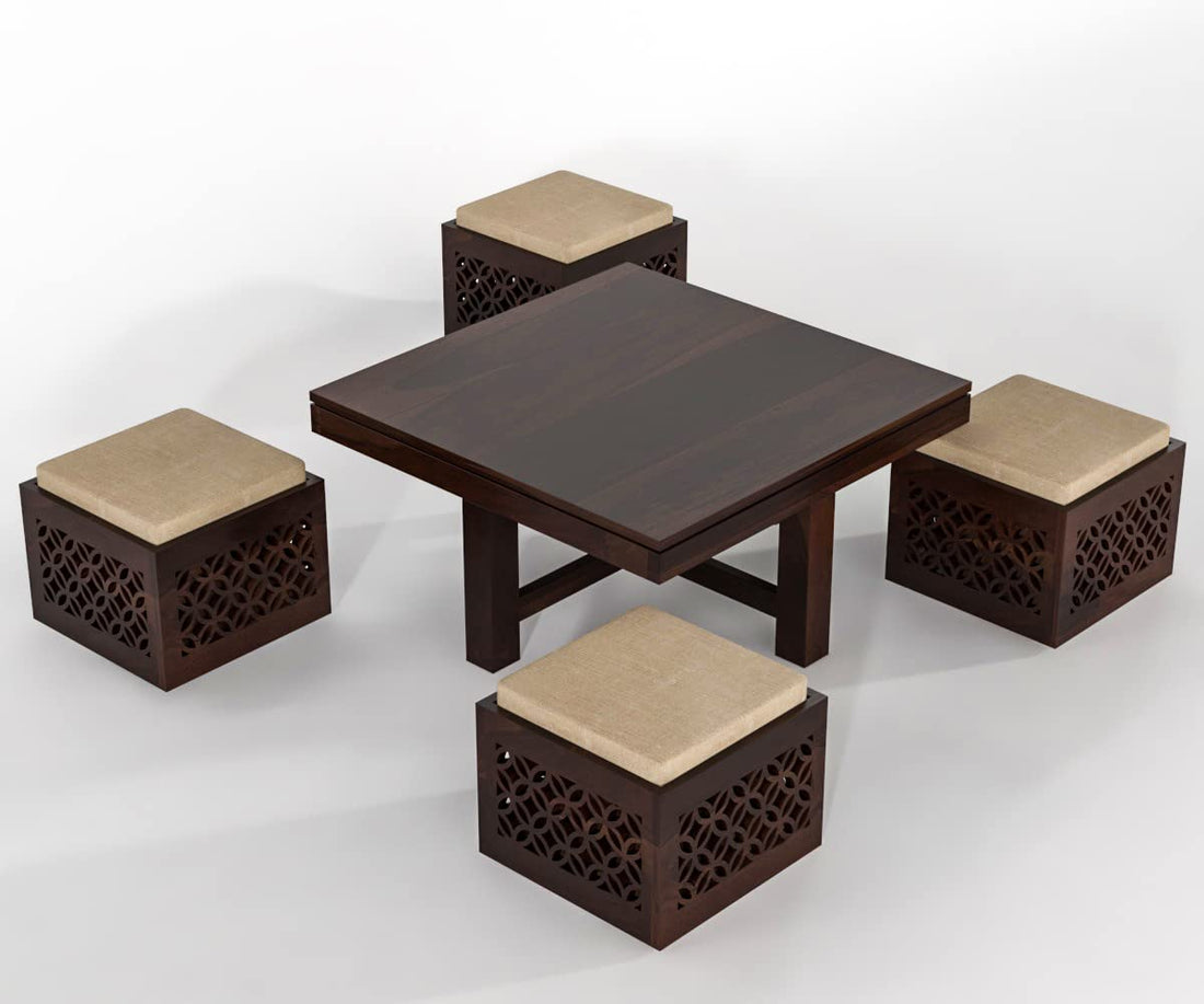 Sheesham Wood Coffee Table with 4 Stools ( Carved-Walnut Teak Finish)