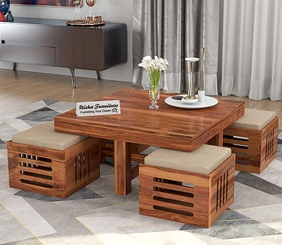 Solid Wood Coffee Table with 4 Cushioned Stools | Honey FInish