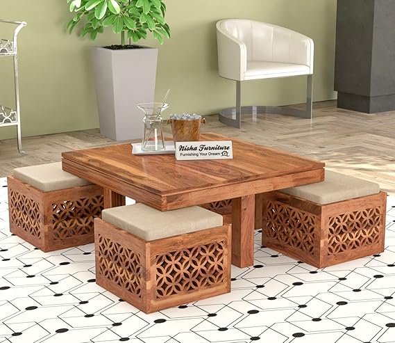 Coffee Table with 4 Stools | Carved Natural Teak Finish