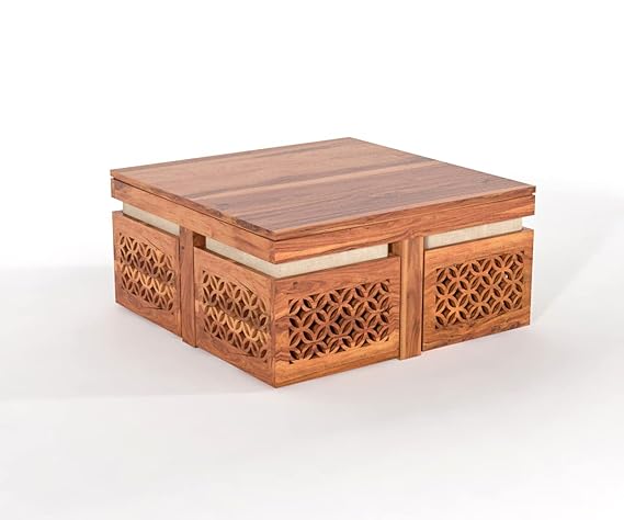Coffee Table with 4 Stools(Carved-Natural Teak Finish)