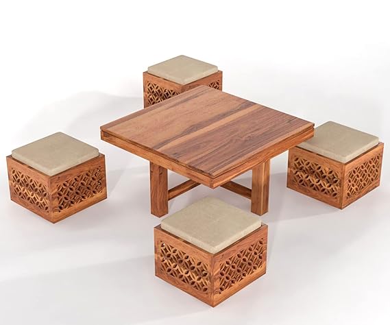 Coffee Table with 4 Stools(Carved-Natural Teak Finish)