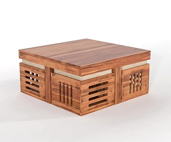 Solid Wood Coffee Table with 4 Cushioned Stools