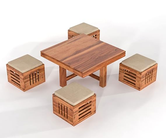 Solid Wood Coffee Table with 4 Cushioned Stools
