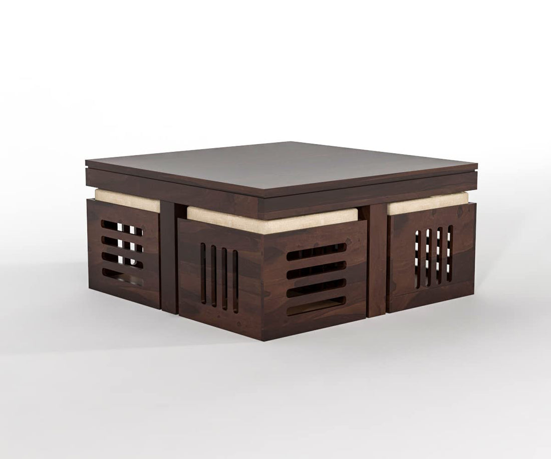 Solid Wood Coffee Table Set with 4 Nesting Stools
