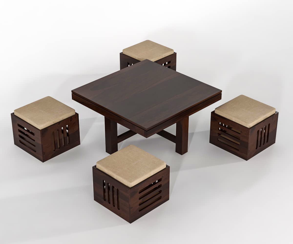 Solid Wood Coffee Table Set with 4 Nesting Stools