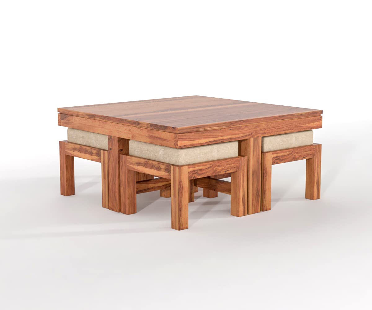 Solid Wood Coffee Table Set with 4 Cushioned Stools