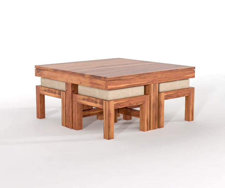 Solid Wood Coffee Table Set with 4 Cushioned Stools